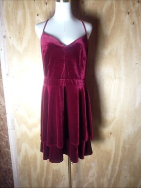 B Darlin Burgundy Velvet Spaghetti Strap Skater Dress